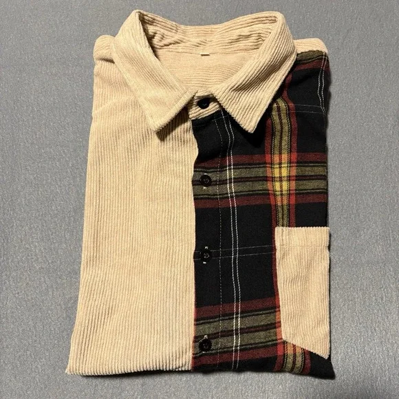 Mens Corduroy Shirt XXL Khaki Long Sleeve Button Up Flannel Plaid Shacket - Picture 13 of 14